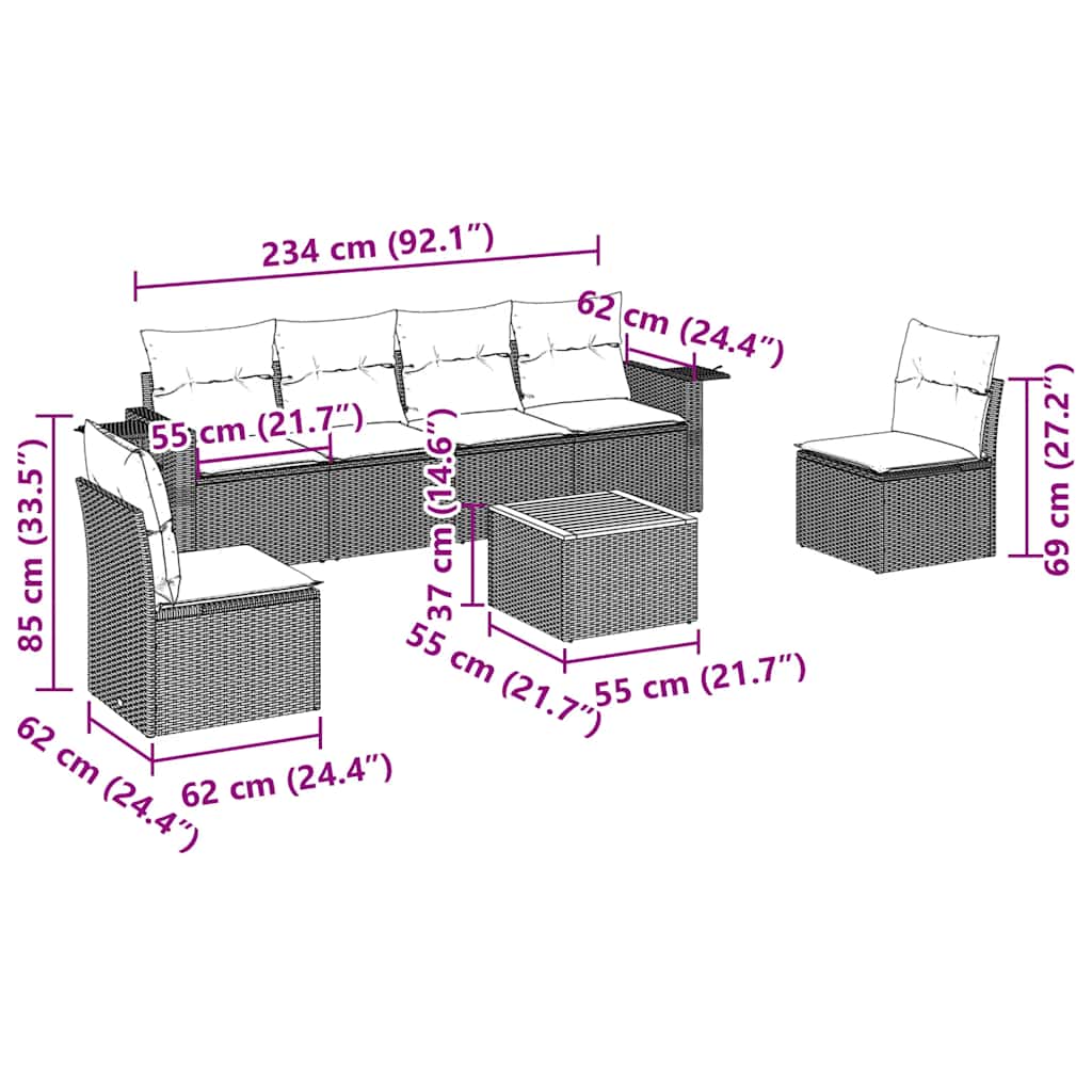 vidaXL Καναπές Σετ 7 Τεμαχίων Μαύρο Συνθετικό Ρατάν με Μαξιλάρια