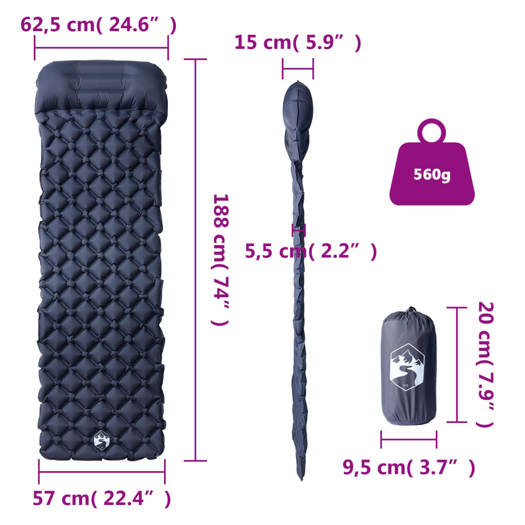 vidaXL Στρώμα Κάμπινγκ φούσκωτο Μονό με Μαξιλάρι Γκρι