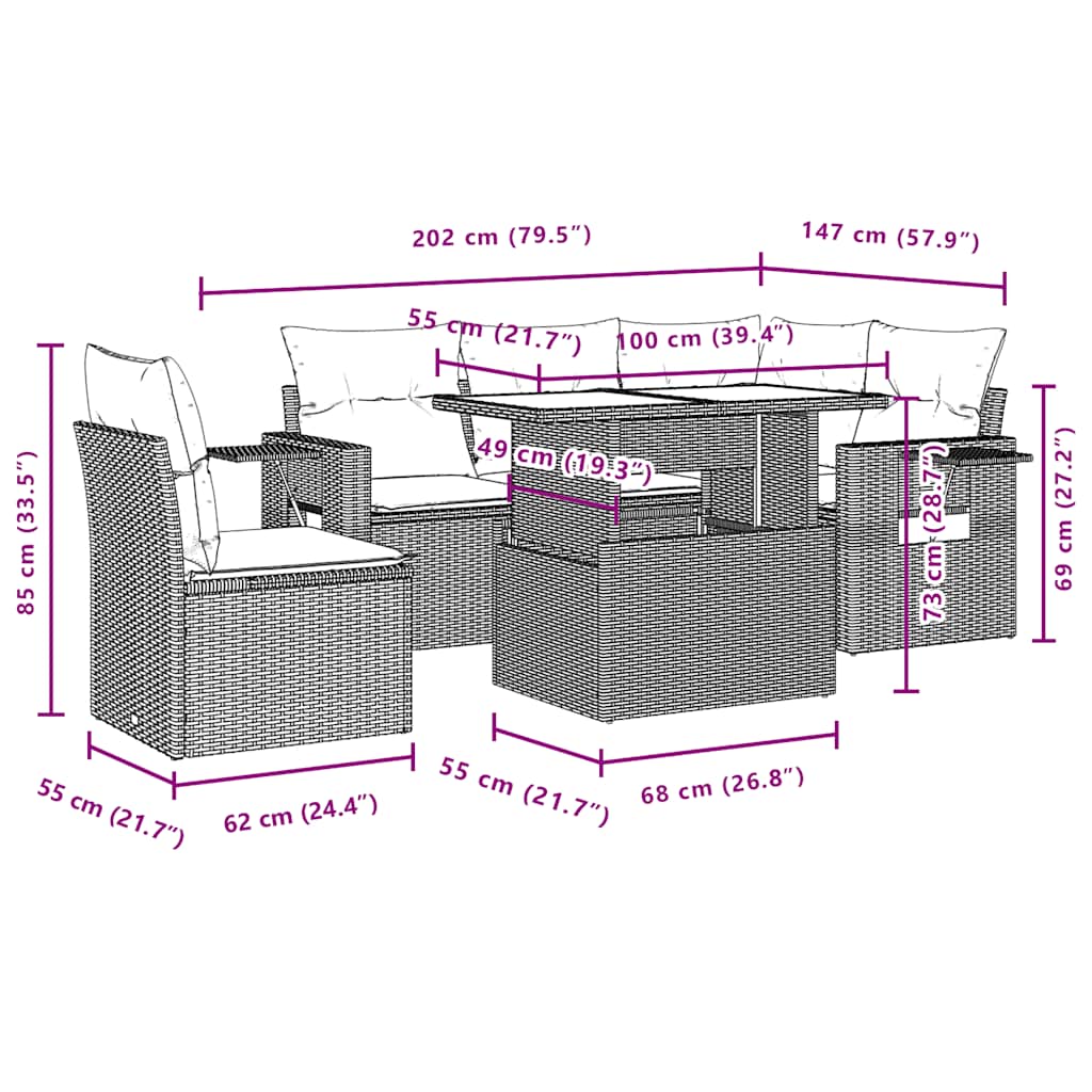 vidaXL Καναπές Κήπου 6 Τεμαχίων Μαύρο από Συνθετικό Ρατάν με Μαξιλάρια