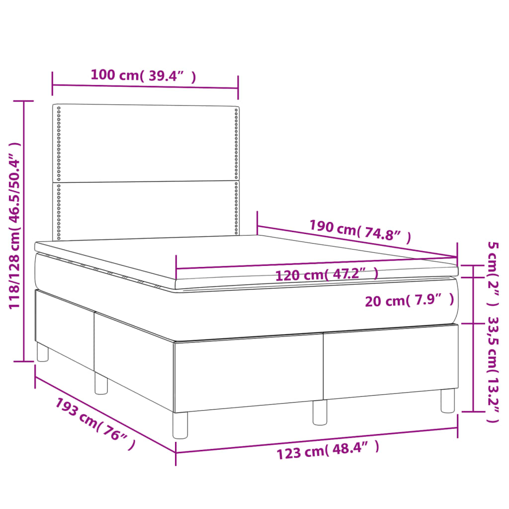 vidaXL Κρεβάτι Boxspring με Στρώμα Μαύρο 120x190 εκ. Υφασμάτινο
