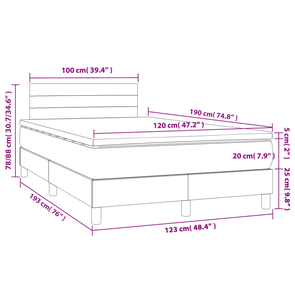 vidaXL Κρεβάτι Boxspring με Στρώμα & LED Σκ.Καφέ 120x190εκ. Υφασμάτινο