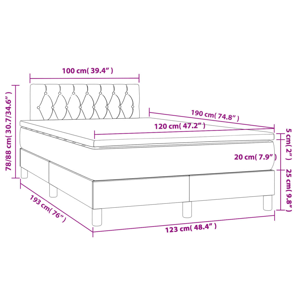 vidaXL Κρεβάτι Boxspring με Στρώμα & LED Σκ.Γκρι 120x190εκ. Υφασμάτινο