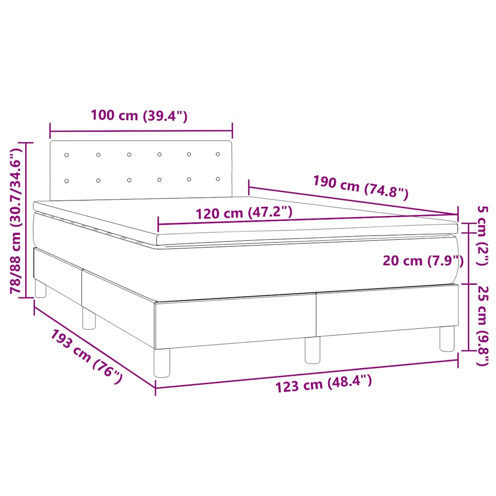 vidaXL Κρεβάτι Boxspring με Στρώμα & LED Σκ.Καφέ 120x190εκ. Υφασμάτινο