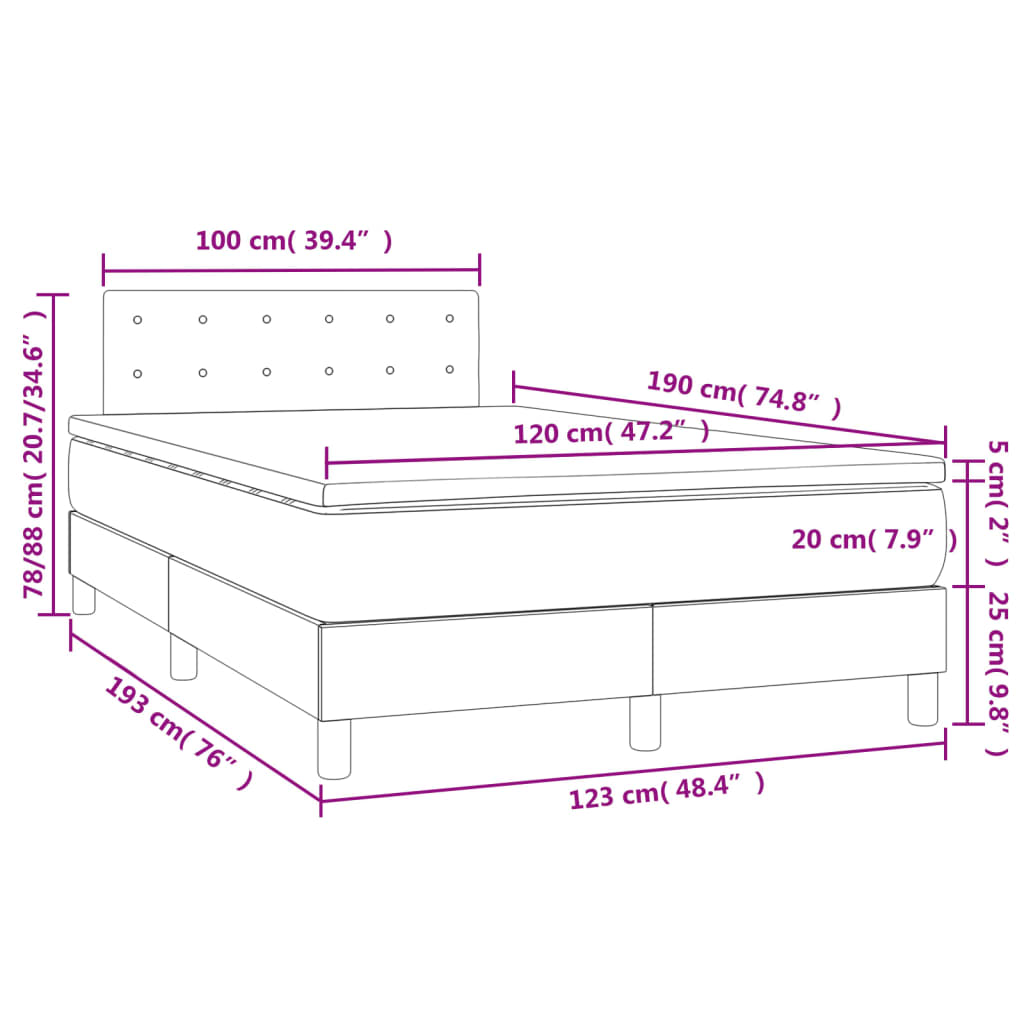 vidaXL Κρεβάτι Boxspring με Στρώμα & LED Μπλε 120x190εκ. Υφασμάτινο