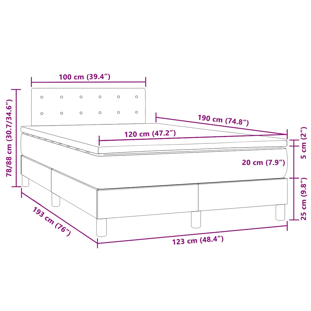 vidaXL Κρεβάτι Boxspring με Στρώμα & LED Σκ.Γκρι 120x190εκ. Βελούδινο