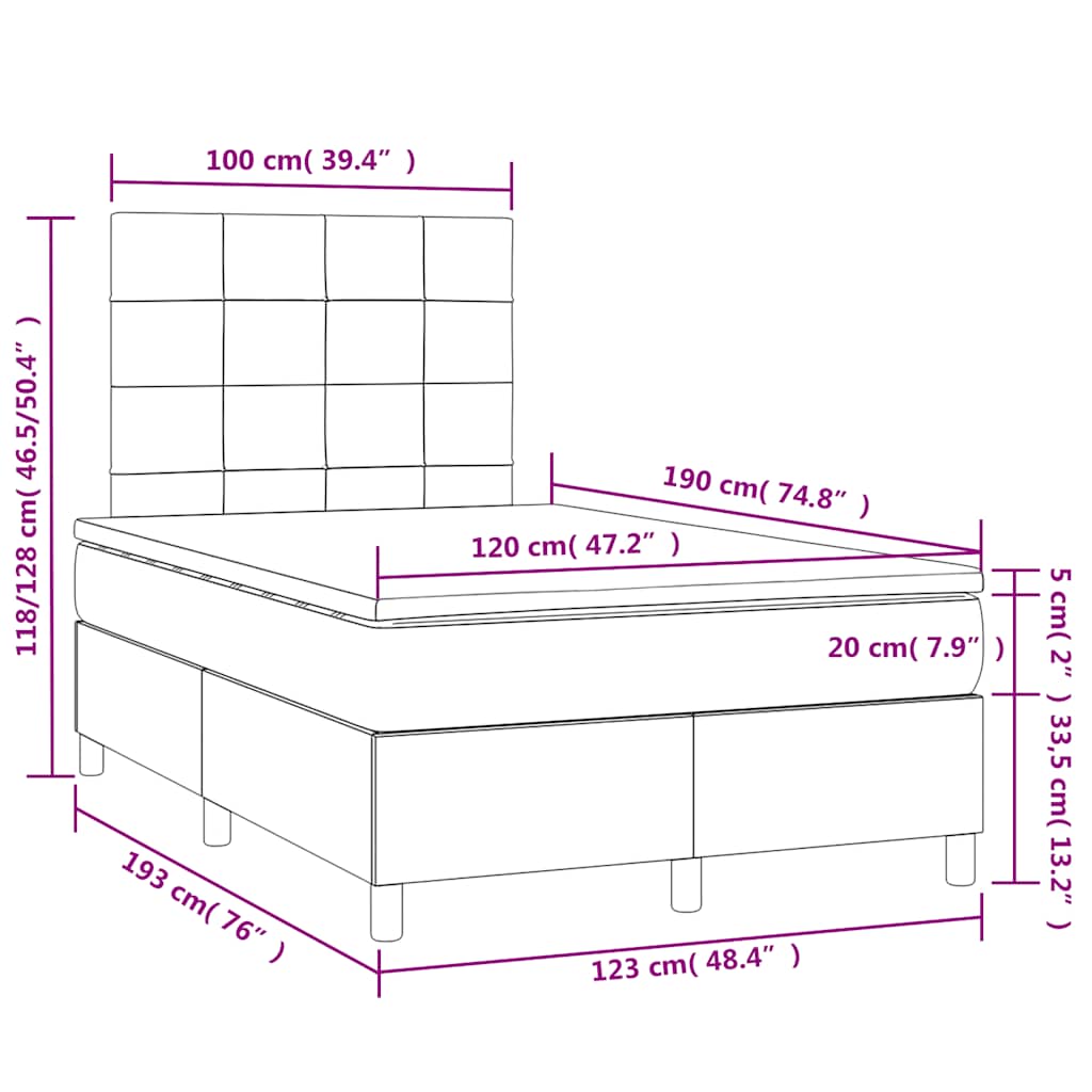 vidaXL Κρεβάτι Boxspring με Στρώμα & LED Taupe 120x190 εκ. Υφασμάτινο