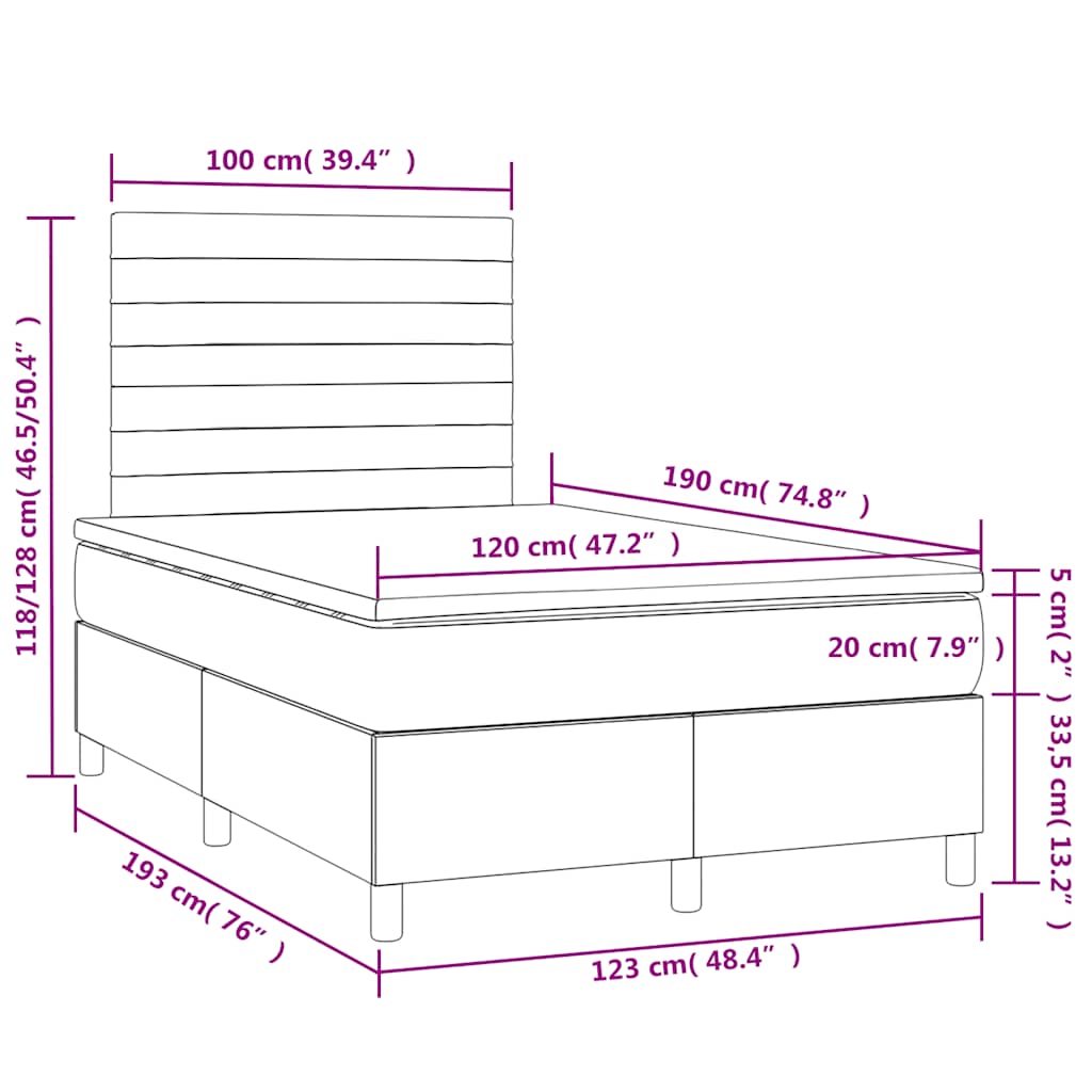 vidaXL Κρεβάτι Boxspring με Στρώμα & LED Σκ.Καφέ 120x190εκ. Υφασμάτινο