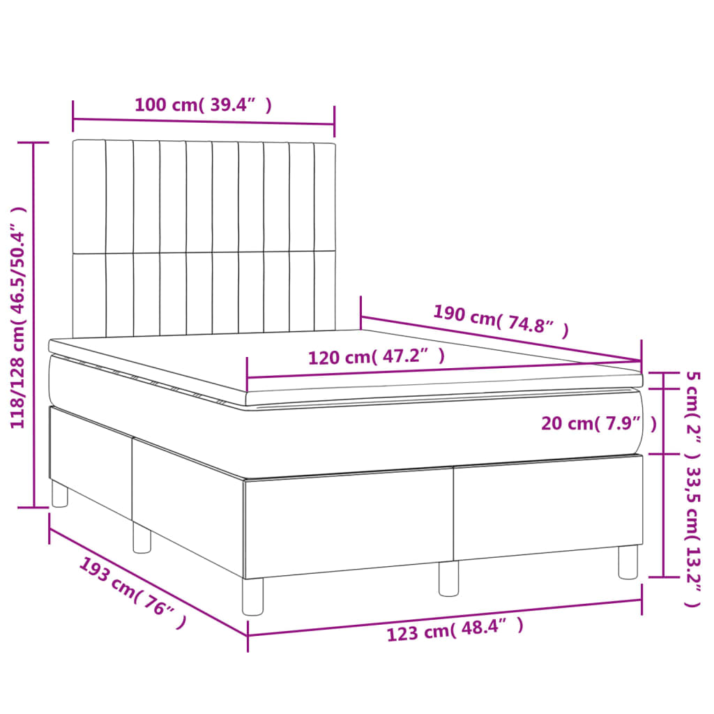 vidaXL Κρεβάτι Boxspring με Στρώμα & LED Σκ.Καφέ 120x190εκ. Υφασμάτινο
