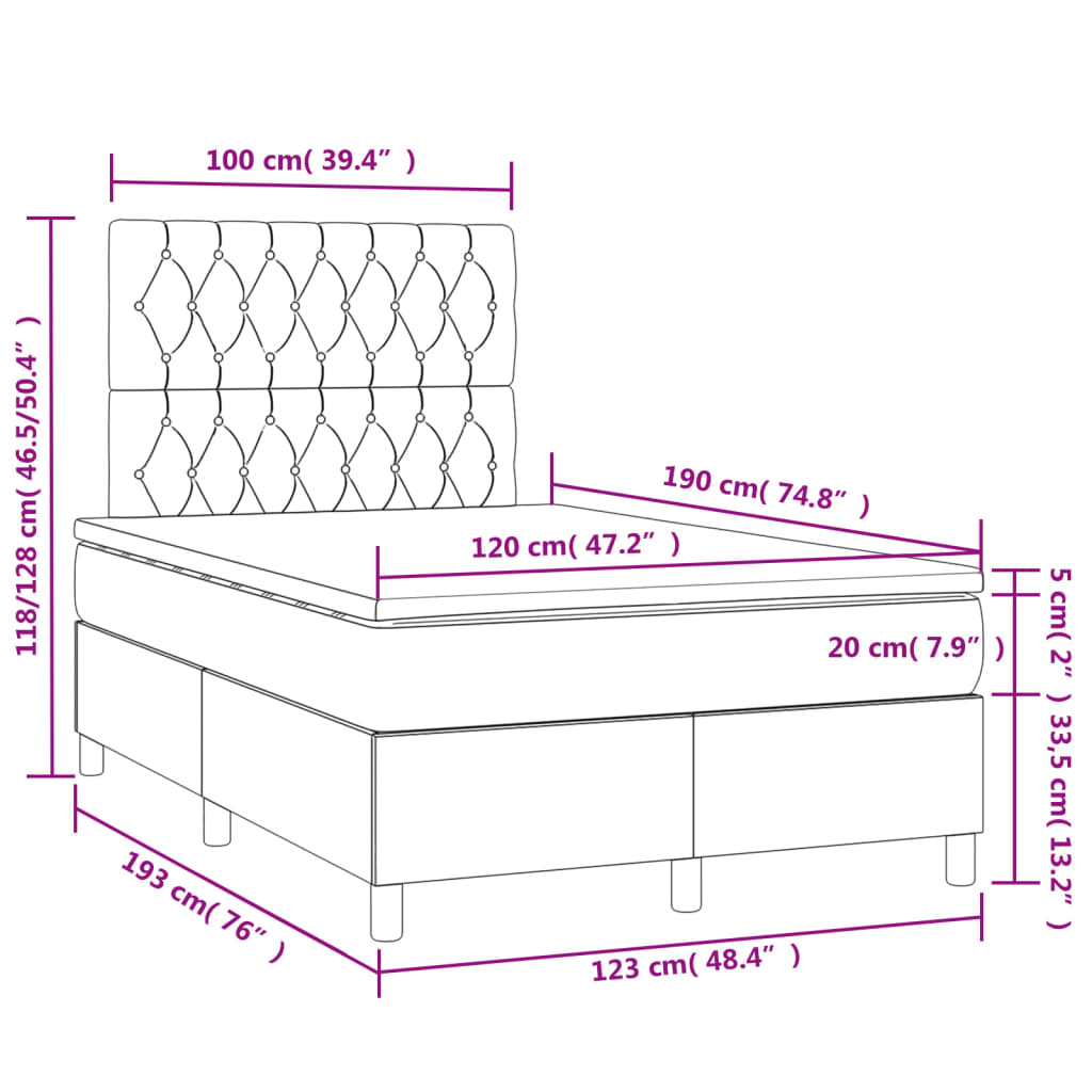 vidaXL Κρεβάτι Boxspring με Στρώμα & LED Σκ.Καφέ 120x190εκ. Υφασμάτινο