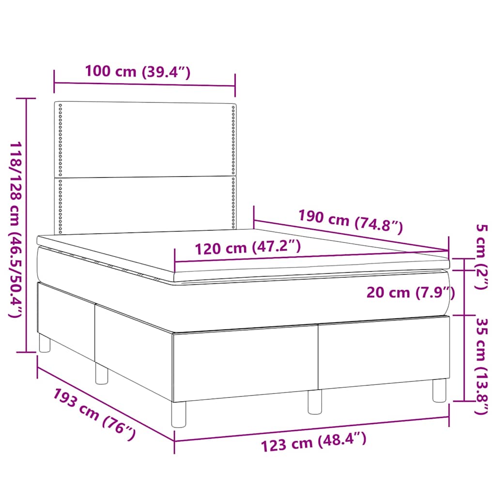 vidaXL Κρεβάτι Boxspring με Στρώμα & LED Σκ.Καφέ 120x190εκ. Υφασμάτινο