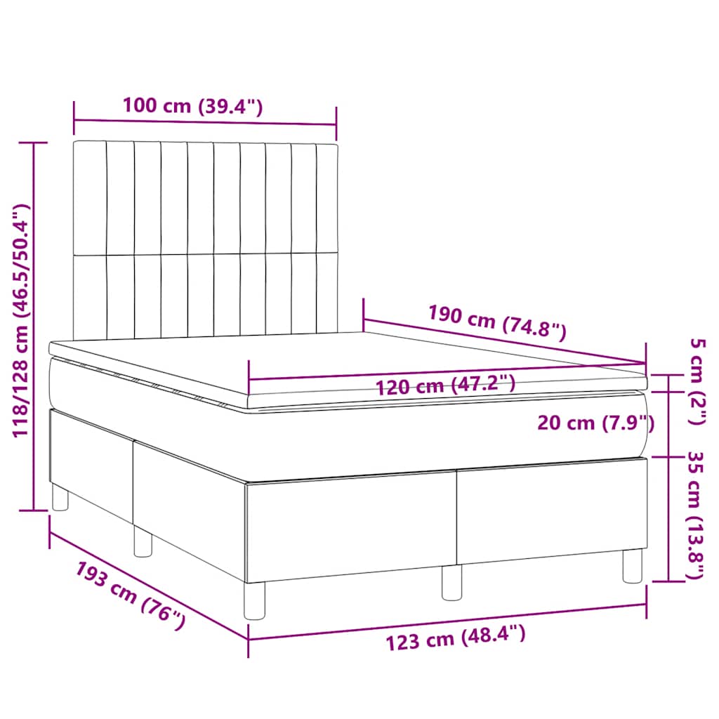 vidaXL Κρεβάτι Boxspring με Στρώμα & LED Σκ.Γκρι 120x190εκ. Υφασμάτινο