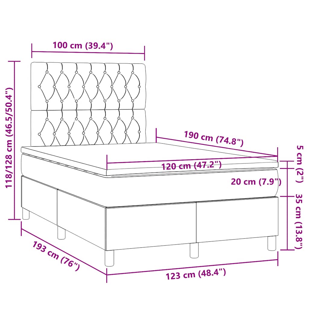 vidaXL Κρεβάτι Boxspring με Στρώμα & LED Σκ.Γκρι 120x190εκ. Υφασμάτινο