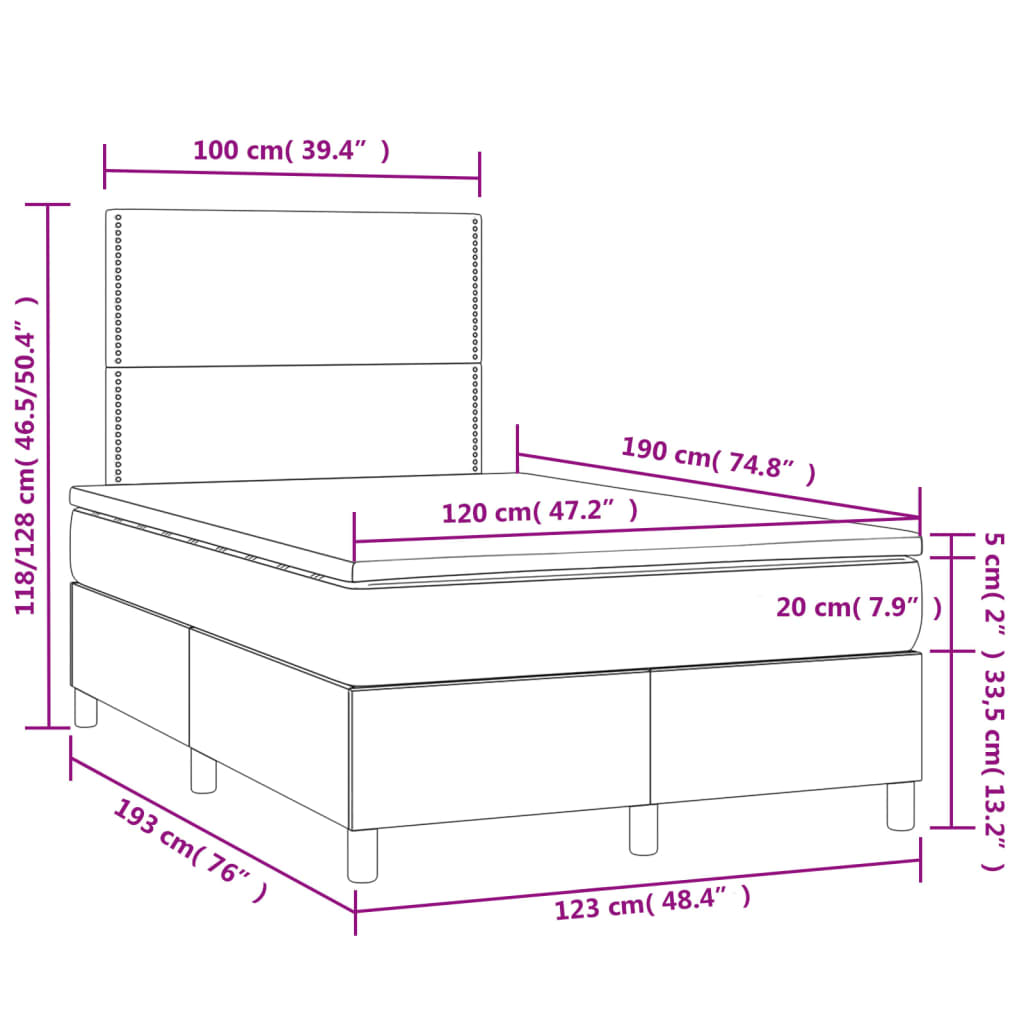 vidaXL Κρεβάτι Boxspring με Στρώμα & LED Ροζ 120x190 εκ. Βελούδινο