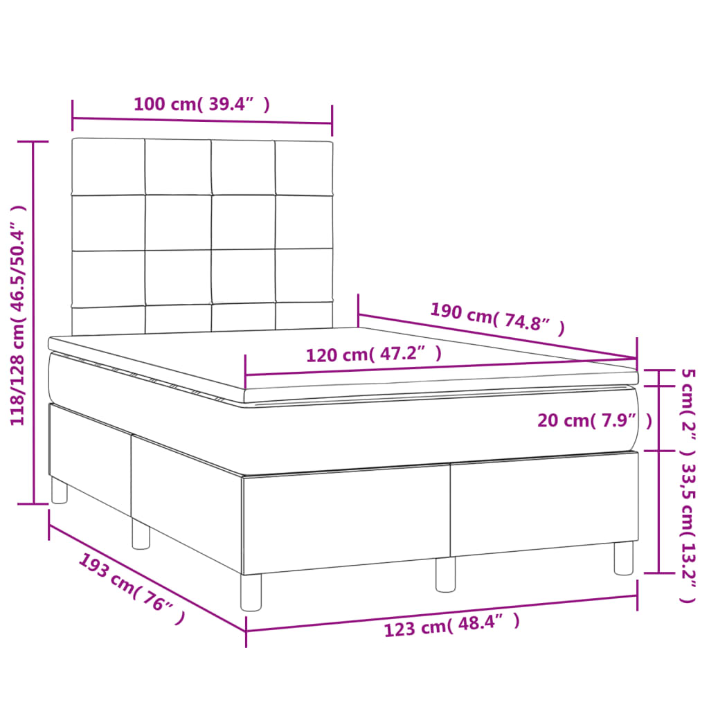 vidaXL Κρεβάτι Boxspring με Στρώμα & LED Αν.Γκρι 120x190εκ. Βελούδινο