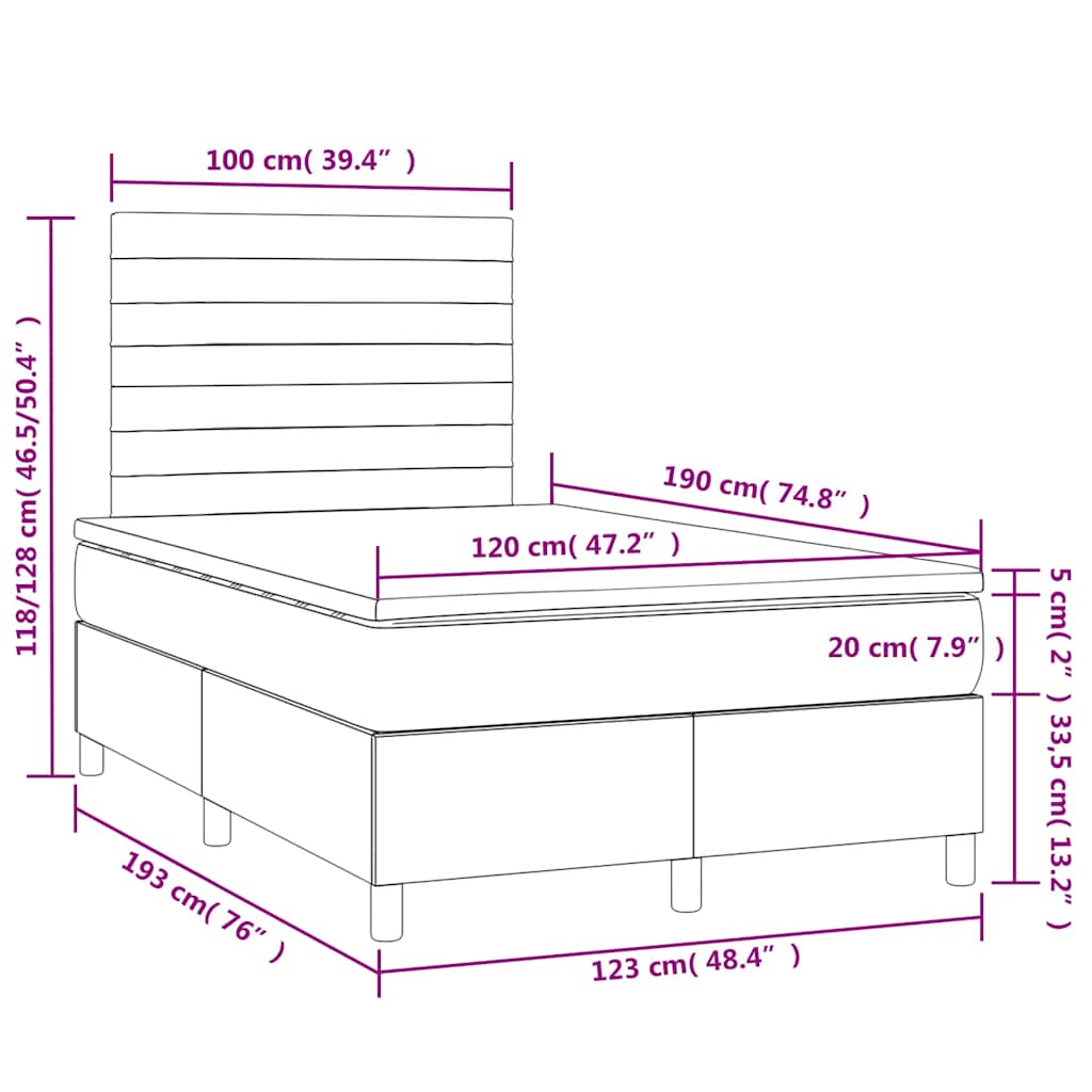 vidaXL Κρεβάτι Boxspring με Στρώμα & LED Σκ. Πράσινο 120x190εκ Βελούδο