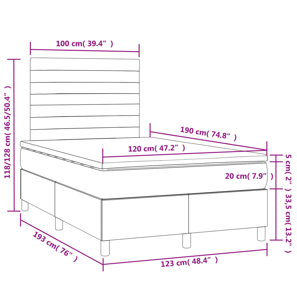 vidaXL Κρεβάτι Boxspring με Στρώμα & LED Σκ. Μπλε 120x190εκ. Βελούδινο