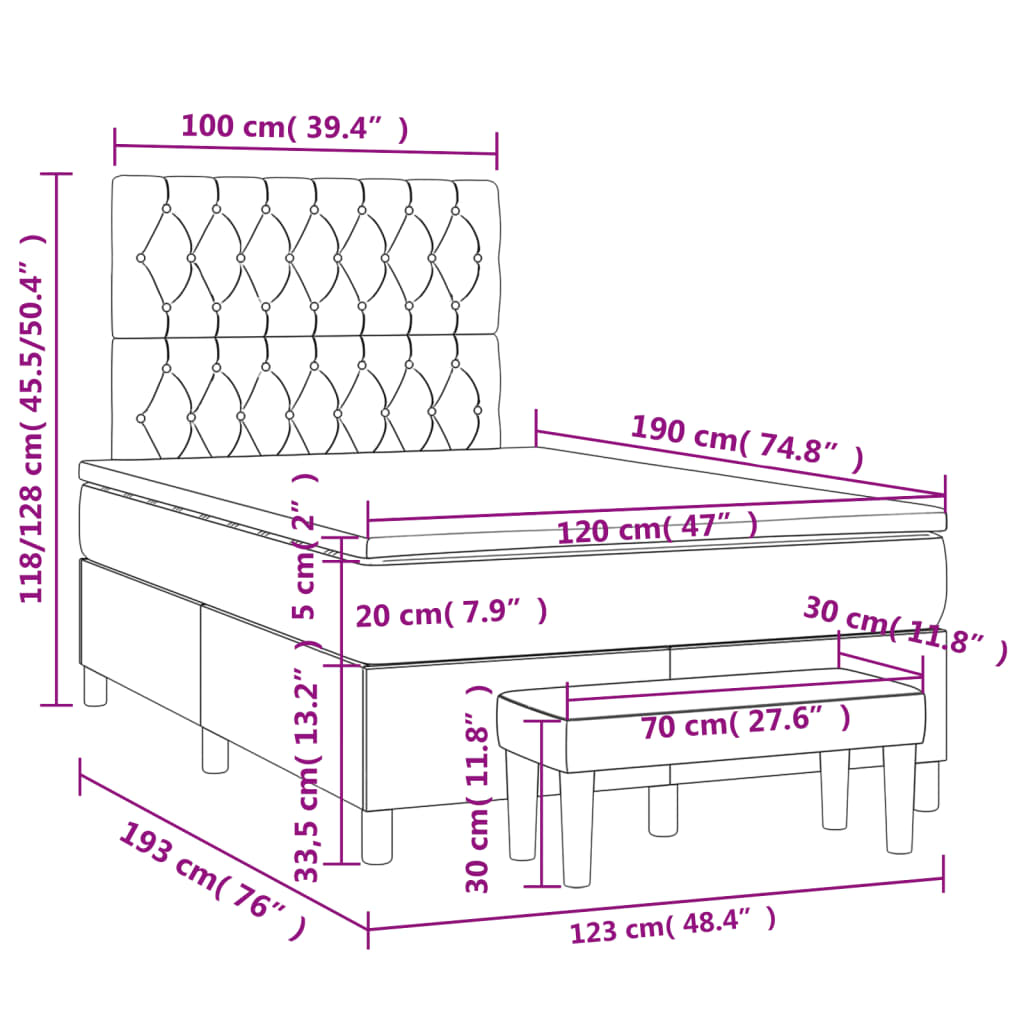 vidaXL Κρεβάτι Boxspring με Στρώμα Σκούρο Καφέ 120x190 εκ Υφασμάτινο