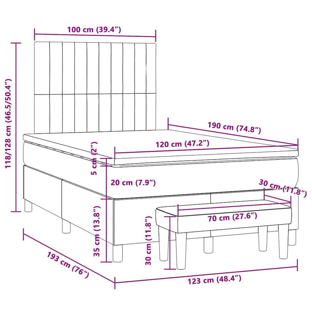 vidaXL Κρεβάτι Boxspring με Στρώμα Ανοιχτό Γκρι 120x190 εκ. Υφασμάτινο