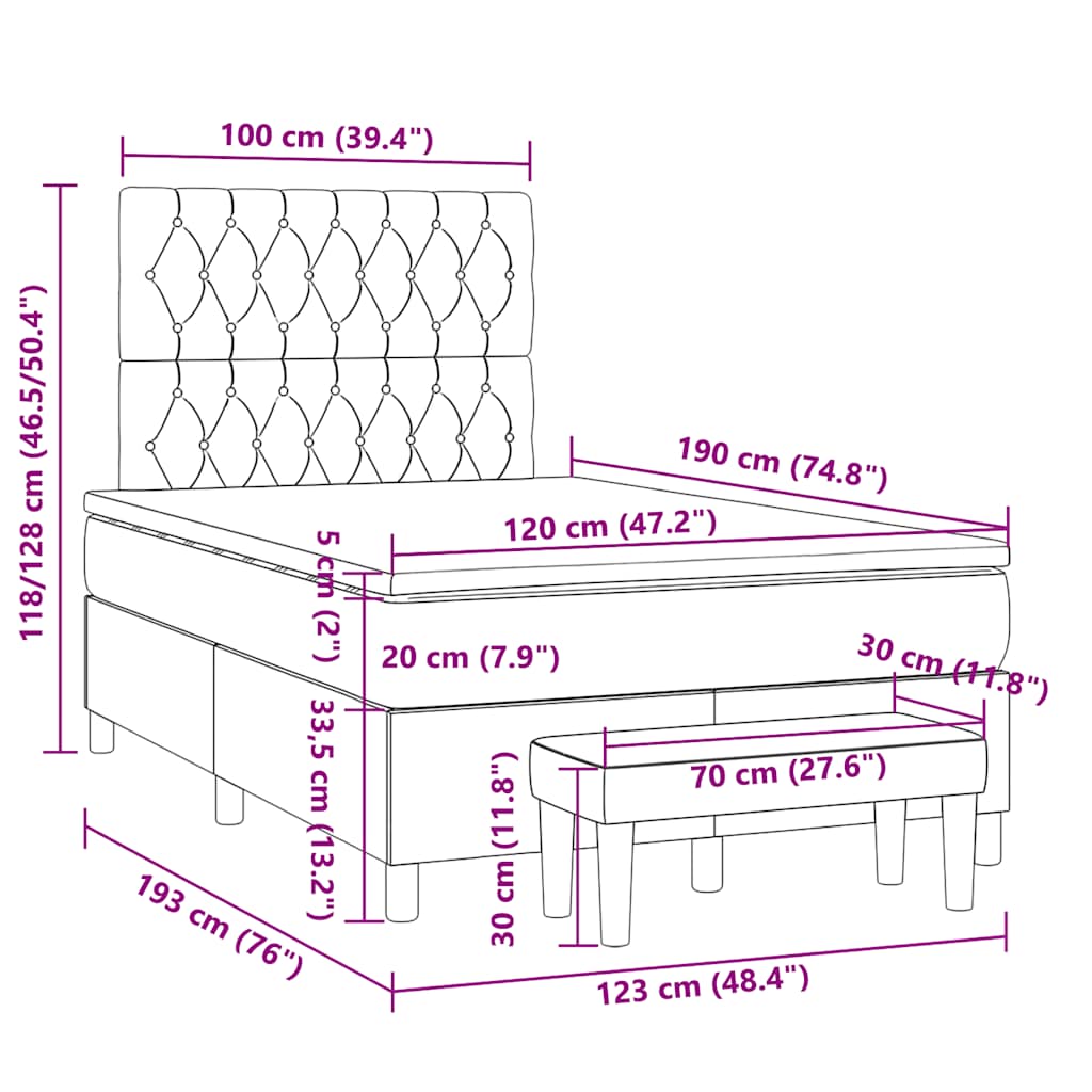vidaXL Κρεβάτι Boxspring με Στρώμα Ανοιχτό Γκρι 120x190 εκ. Υφασμάτινο