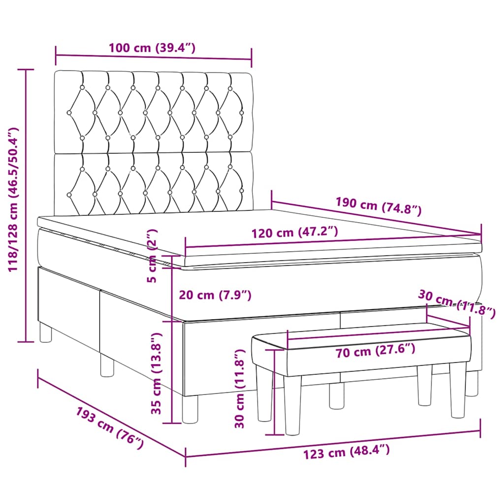 vidaXL Κρεβάτι Boxspring με Στρώμα Σκούρο Καφέ 120x190 εκ Υφασμάτινο