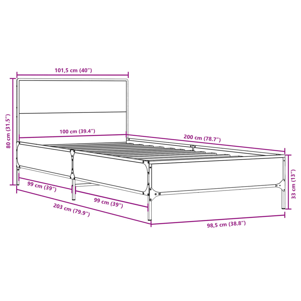 vidaXL Πλαίσιο Κρεβατιού Γκρι Sonoma 100x200 εκ. Επεξ. Ξύλο & Μέταλλο