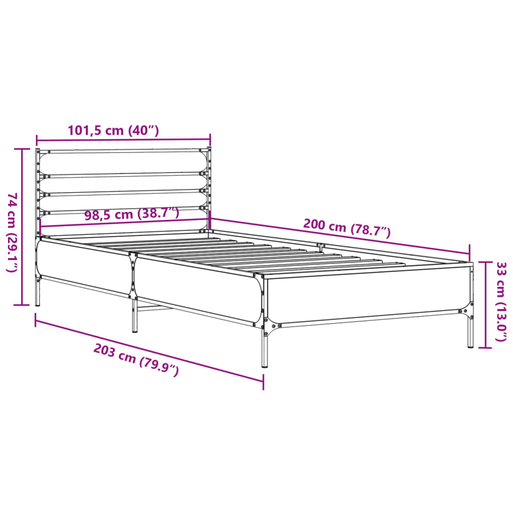 vidaXL Πλαίσιο Κρεβατιού Sonoma Δρυς 100x200 εκ. Επεξ. Ξύλο & Μέταλλο