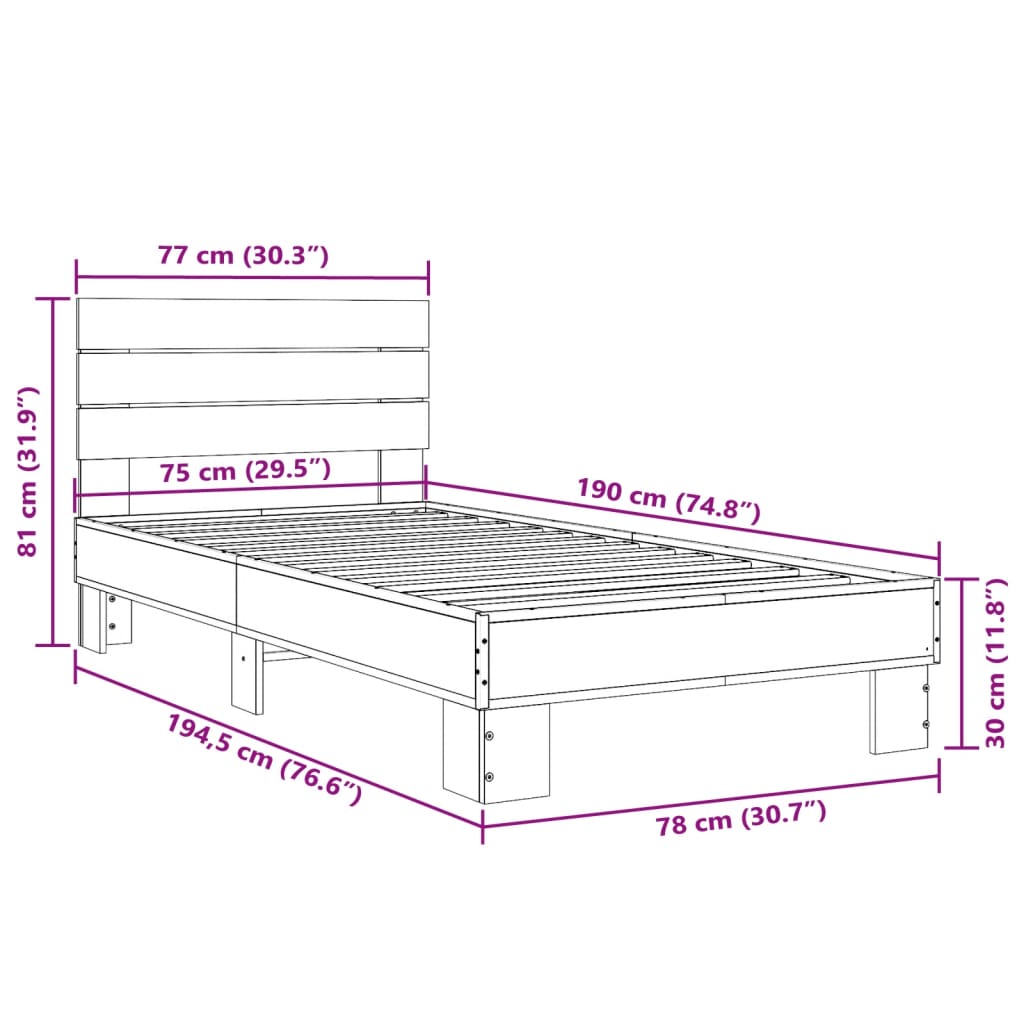 vidaXL Πλαίσιο Κρεβατιού Μαύρο 75 x 190 εκ. Επεξ. Ξύλο & Μέταλλο