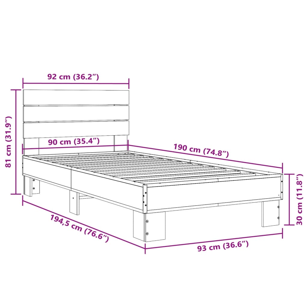 vidaXL Πλαίσιο Κρεβατιού Sonoma Δρυς 90 x 190 εκ. Επεξ. Ξύλο & Μέταλλο