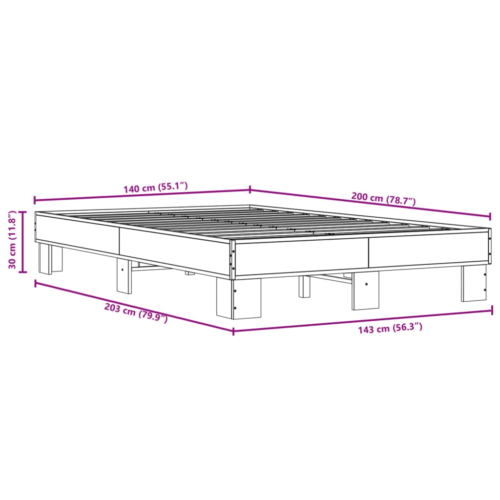 vidaXL Πλαίσιο Κρεβατιού Καπνιστή Δρυς 140x200εκ. Επεξ. Ξύλο & Μέταλλο