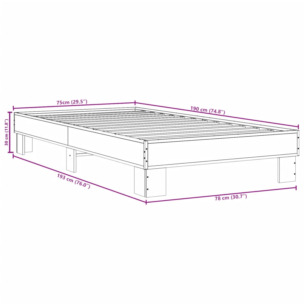 vidaXL Πλαίσιο Κρεβατιού Γκρι Sonoma 75x190 εκ. Επεξ. Ξύλο & Μέταλλο