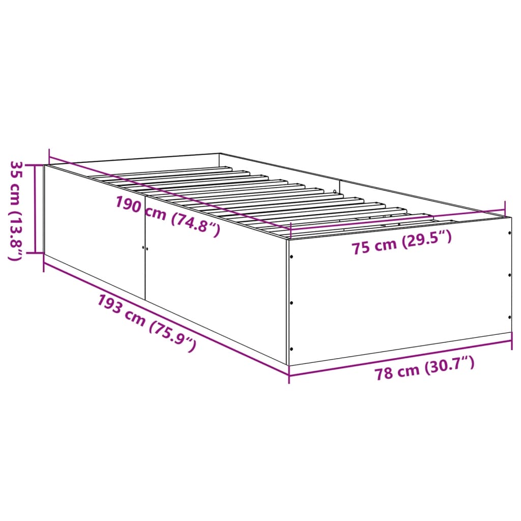 vidaXL Πλαίσιο Κρεβατιού Μαύρο 75 x 190 εκ. από Επεξεργασμένο Ξύλο