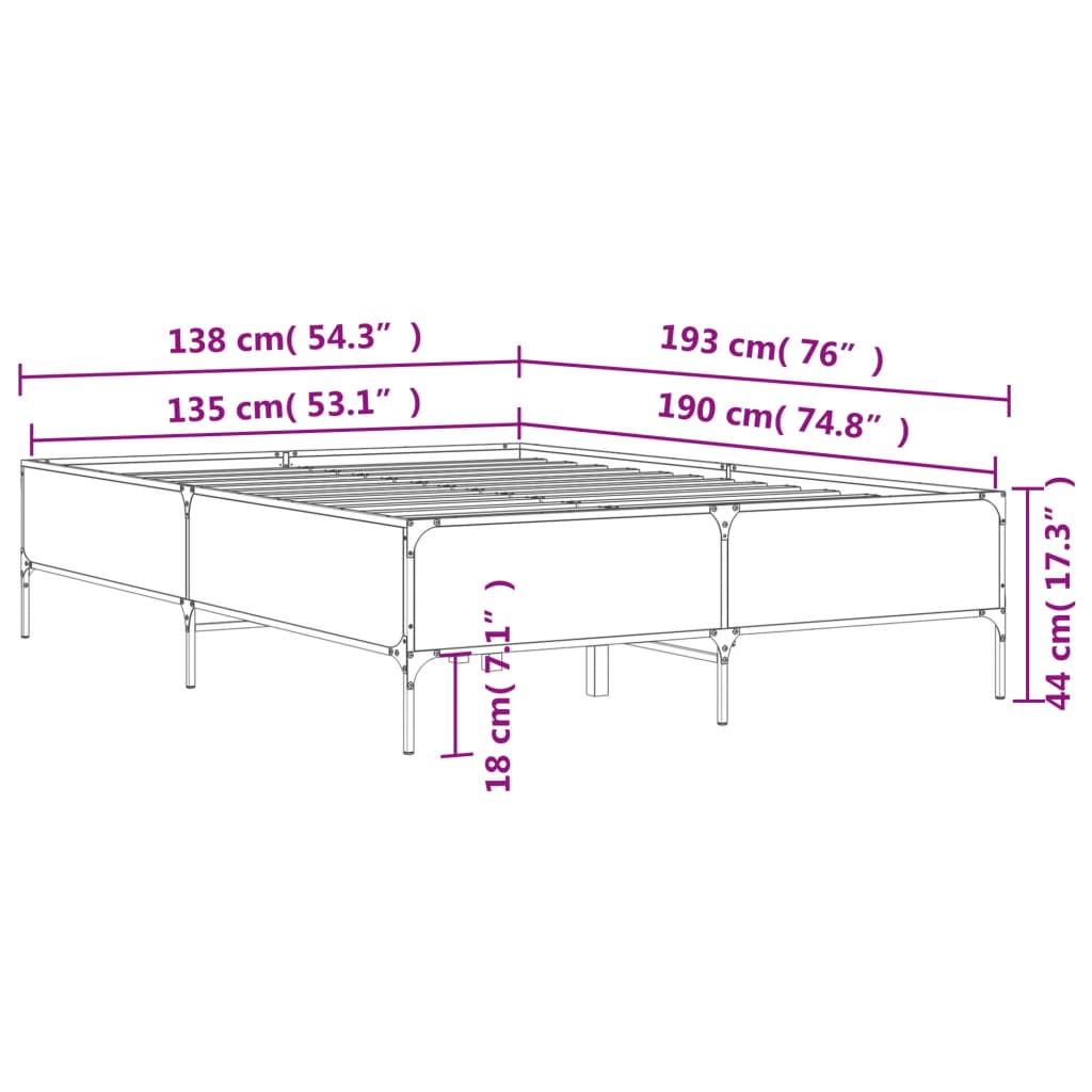 vidaXL Πλαίσιο Κρεβατιού Καφέ Δρυς 135x190 εκ. Επεξ. Ξύλο & Μέταλλο