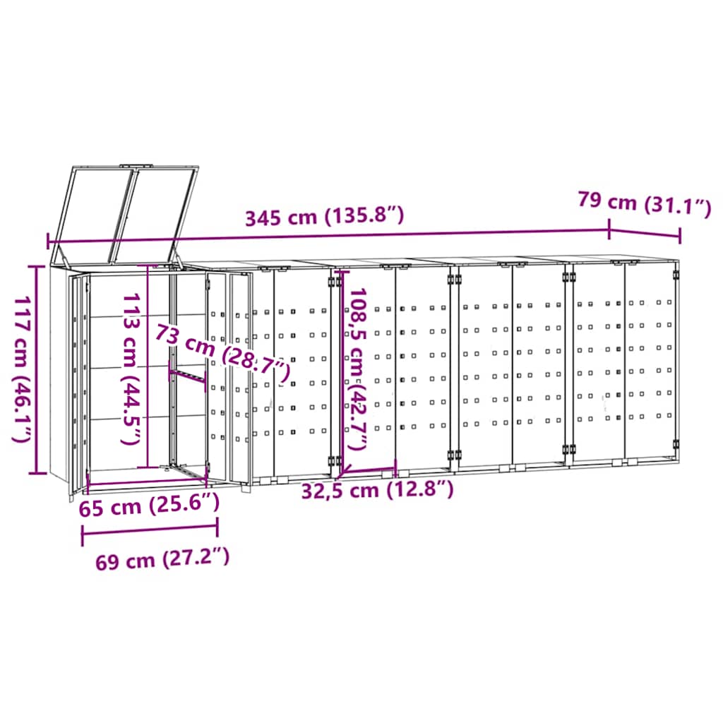 vidaXL Πλαίσιο Κάδων Απορριμμάτων 5 Κάδοι Μαύρο 345x79x117 εκ. Ατσάλι
