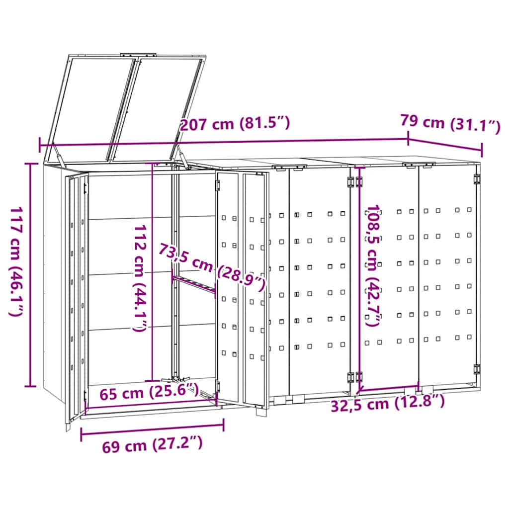 vidaXL Πλαίσιο Κάδων Απορριμμάτων 3 Κάδοι Γκρι 207x79x117 εκ. Ατσάλι