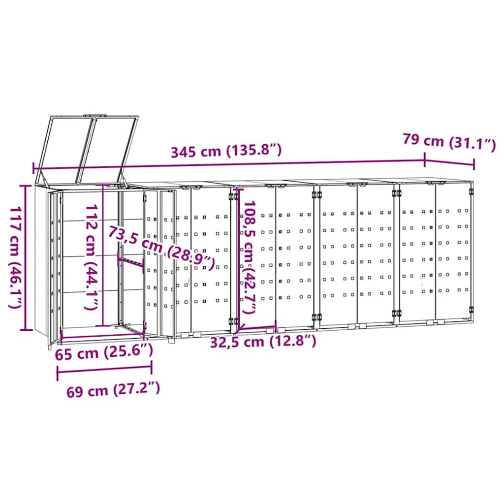 vidaXL Πλαίσιο Κάδων Απορριμμάτων 5 Κάδοι Γκρι 345x79x117 εκ. Ατσάλι