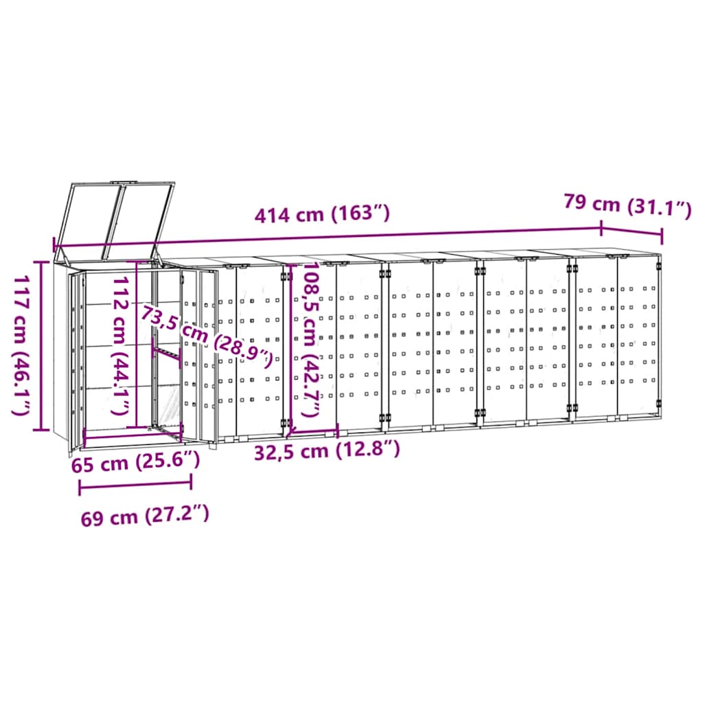vidaXL Πλαίσιο Κάδων Απορριμμάτων 6 Κάδοι Γκρι 414x79x117 εκ. Ατσάλι