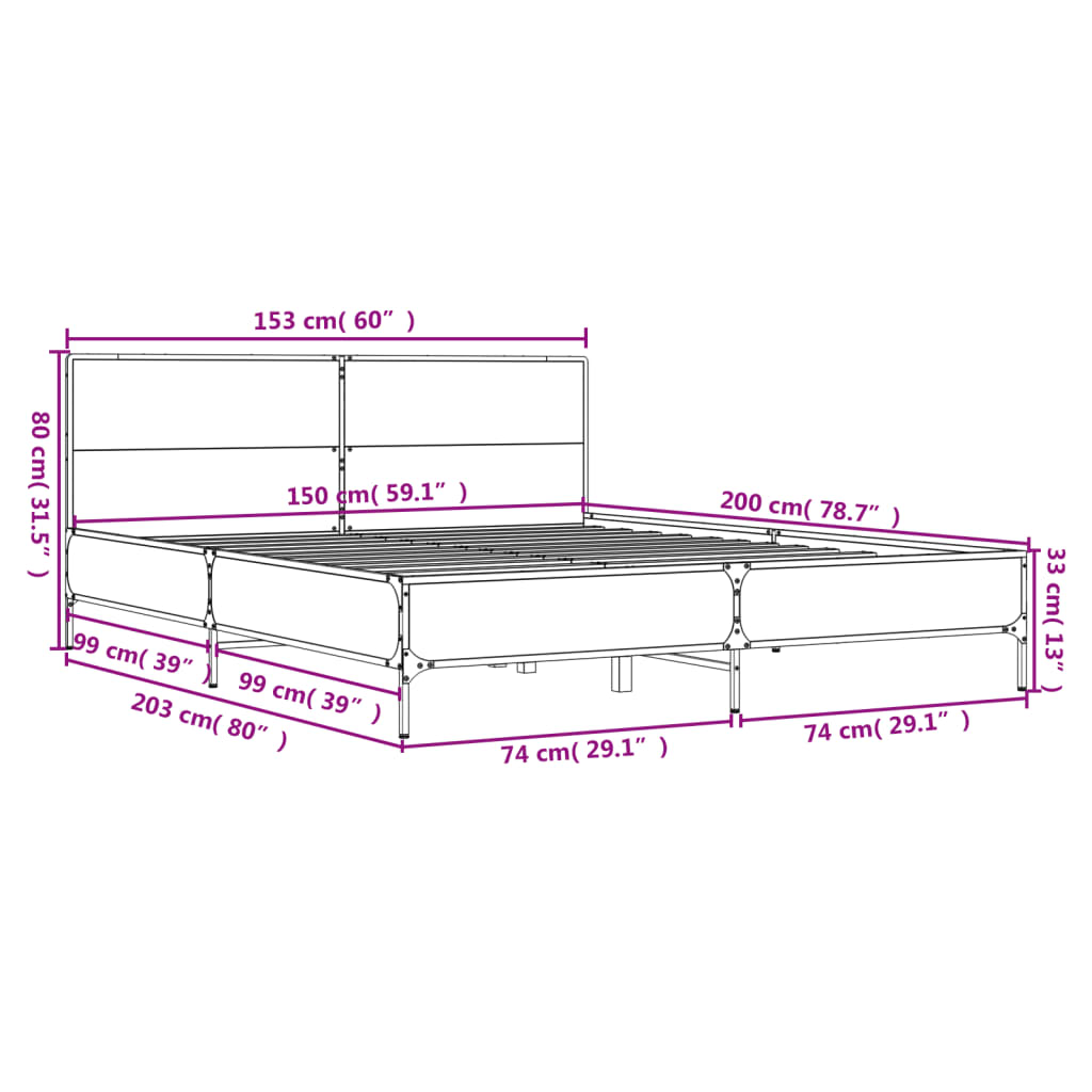vidaXL Πλαίσιο Κρεβατιού Γκρι Sonoma 150x200 εκ. Επεξ. Ξύλο & Μέταλλο