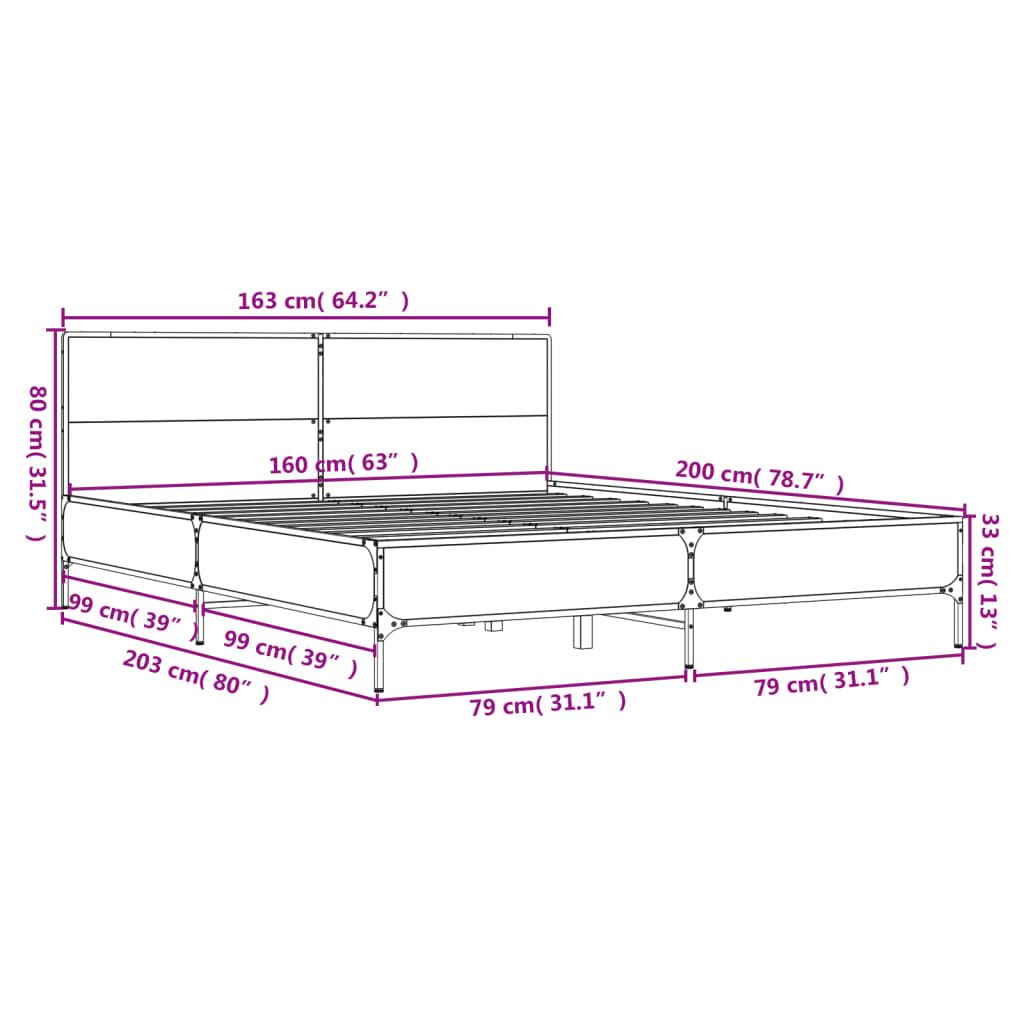 vidaXL Πλαίσιο Κρεβατιού Μαύρο 160 x 200 εκ. Επεξ. Ξύλο & Μέταλλο