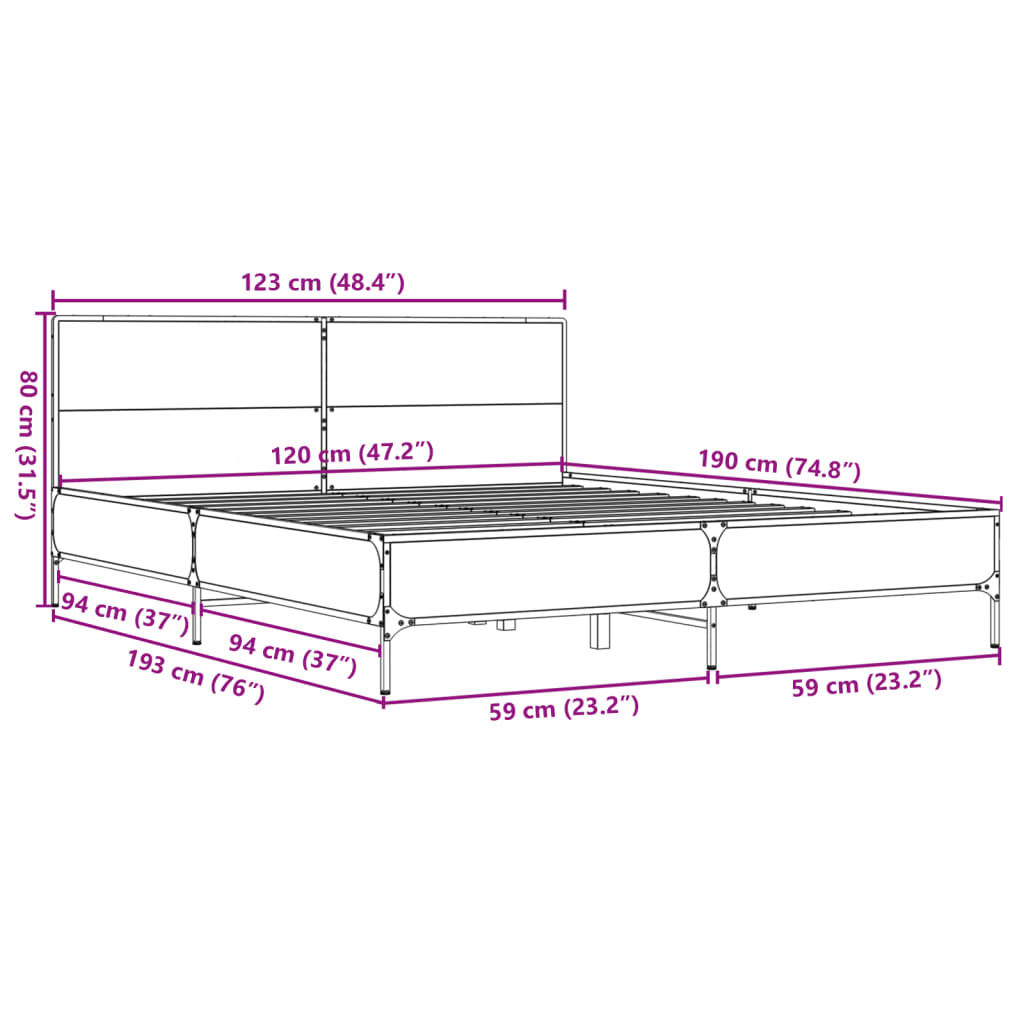 vidaXL Πλαίσιο Κρεβατιού Γκρι Sonoma 120 x 190εκ. Επεξ. Ξύλο & Μέταλλο