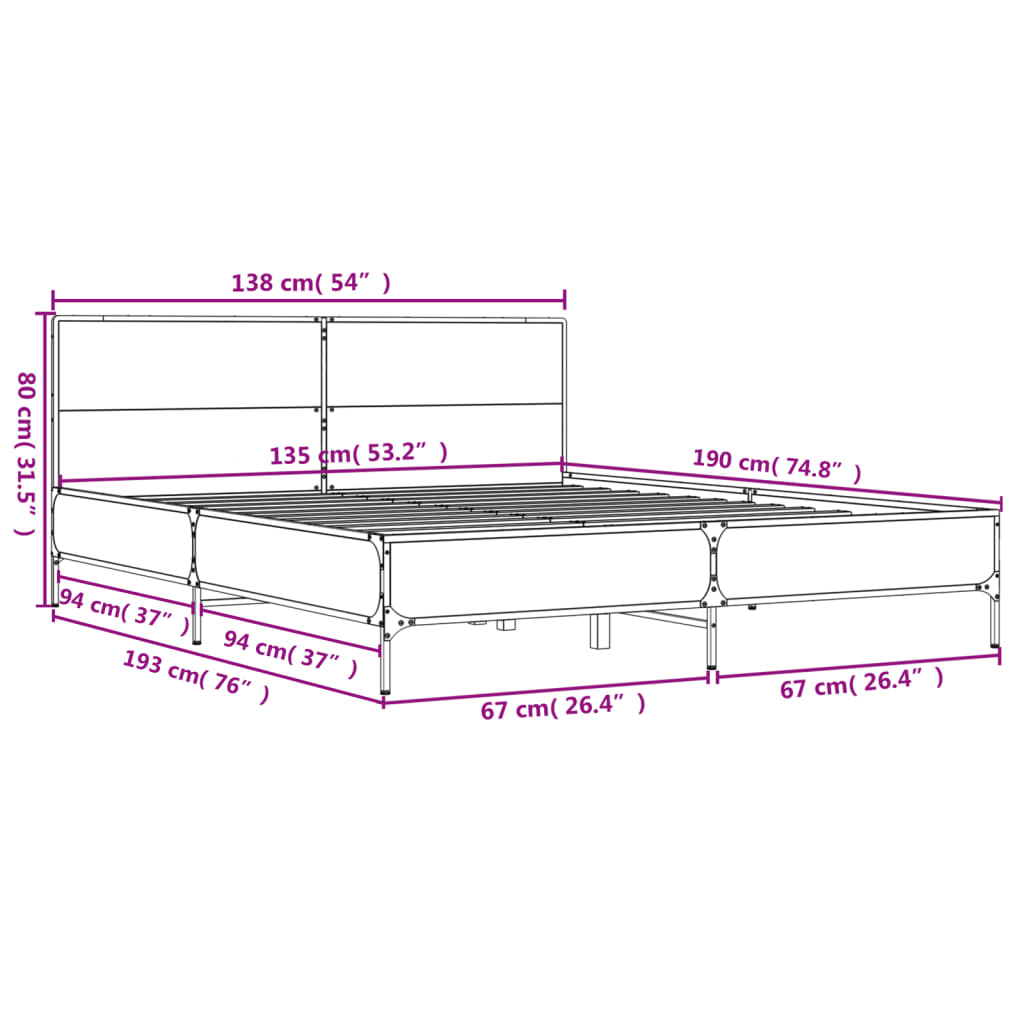 vidaXL Πλαίσιο Κρεβατιού Sonoma Δρυς 135x190 εκ. Επεξ. Ξύλο & Μέταλλο