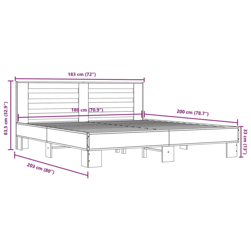 vidaXL Πλαίσιο Κρεβατιού Μαύρο 180 x 200 εκ. Επεξ. Ξύλο & Μέταλλο