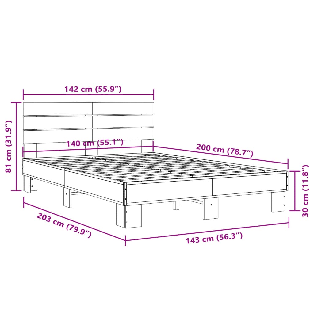 vidaXL Πλαίσιο Κρεβατιού Καπνιστή Δρυς 140x200εκ. Επεξ. Ξύλο & Μέταλλο