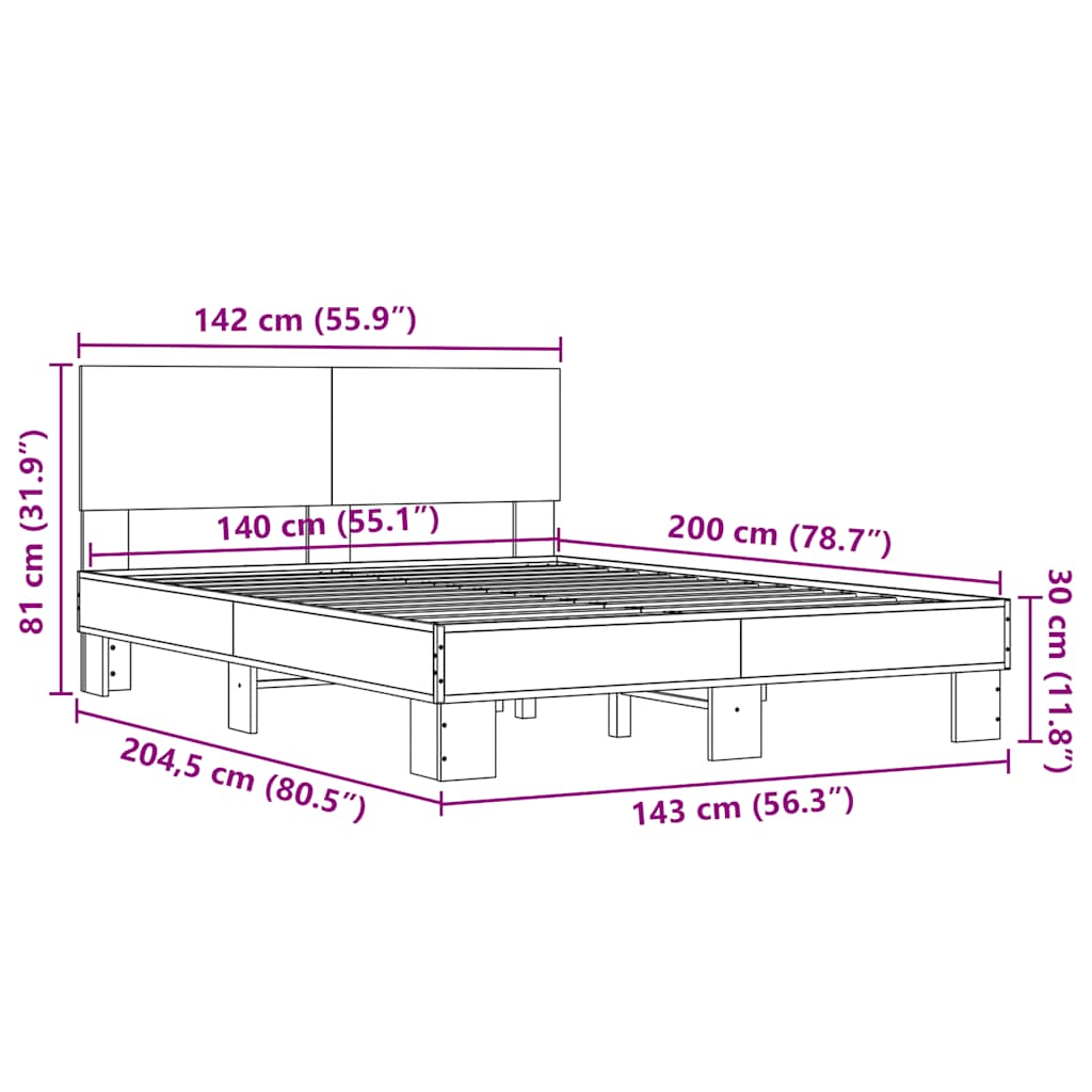 vidaXL Πλαίσιο Κρεβατιού Καπνιστή Δρυς 140x200εκ. Επεξ. Ξύλο & Μέταλλο