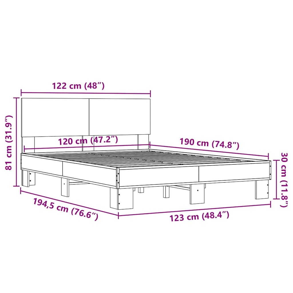 vidaXL Πλαίσιο Κρεβατιού Μαύρο 120x190 εκ. Επεξ. Ξύλο & Μέταλλο