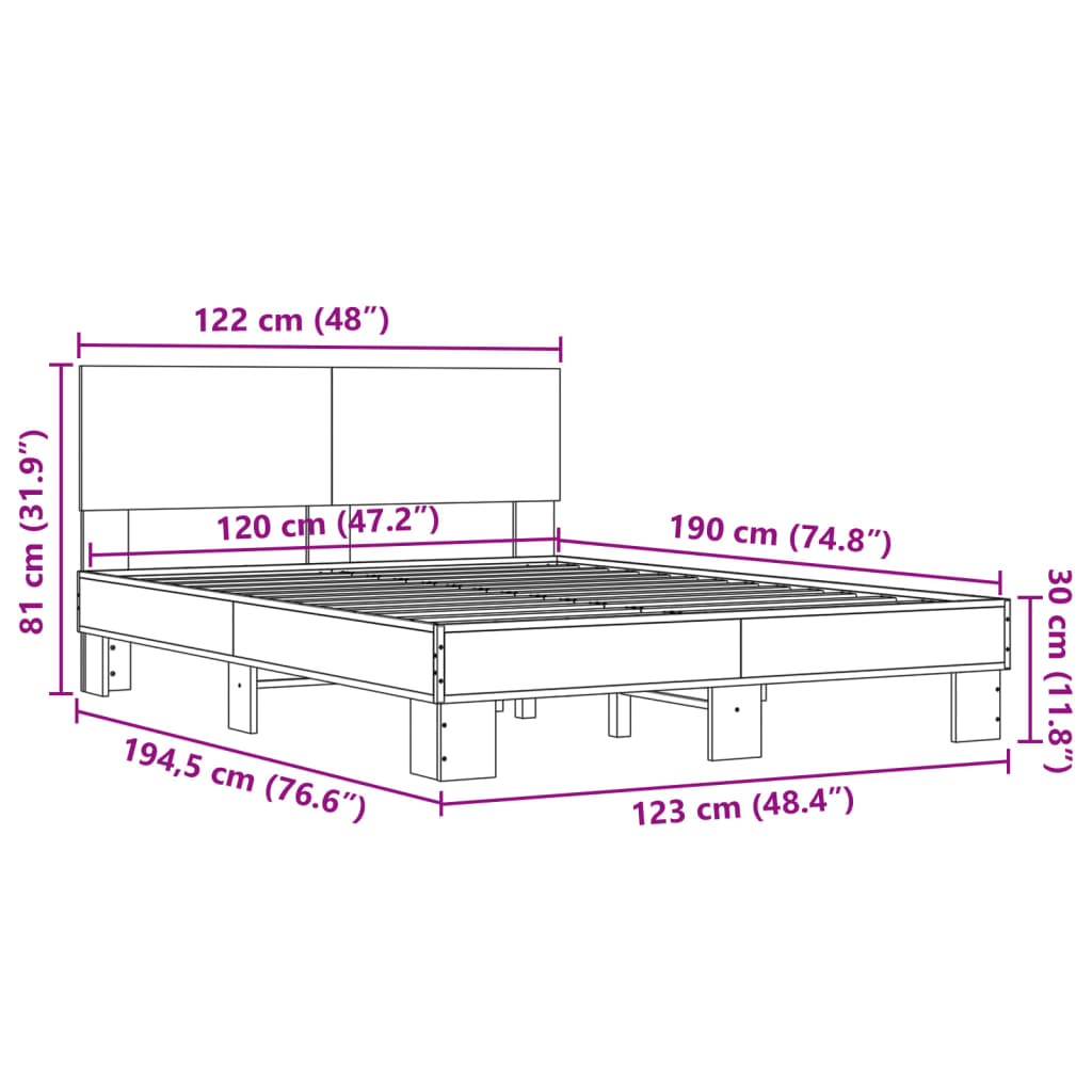 vidaXL Πλαίσιο Κρεβατιού Καπνιστή Δρυς 120x190εκ. Επεξ. Ξύλο & Μέταλλο