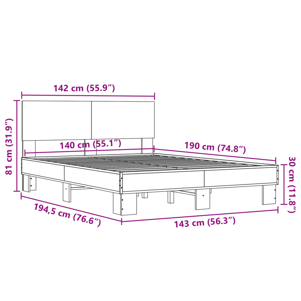 vidaXL Πλαίσιο Κρεβατιού Γκρι Sonoma 140x190 εκ. Επεξ. Ξύλο & Μέταλλο