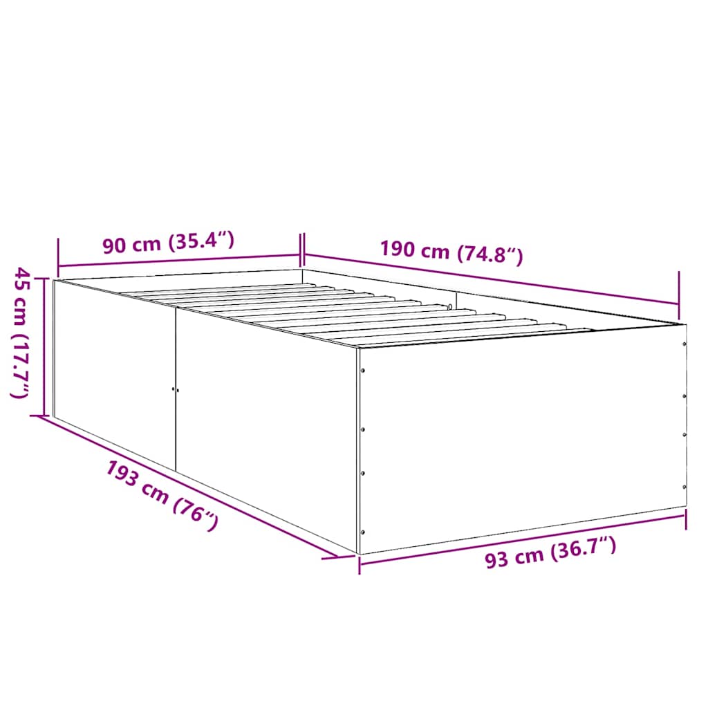 vidaXL Πλαίσιο Κρεβατιού Καπνιστή Δρυς 90 x 190 εκ. Επεξεργασμένο Ξύλο