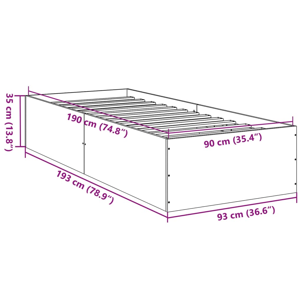 vidaXL Πλαίσιο Κρεβατιού Καπνιστή Δρυς 90 x 190 εκ. Επεξεργασμένο Ξύλο