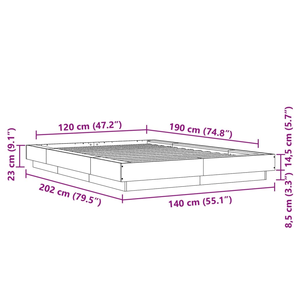 vidaXL Πλαίσιο Κρεβατιού Γκρι Σκυροδέματος 120x190 εκ. Επεξεργ. Ξύλο