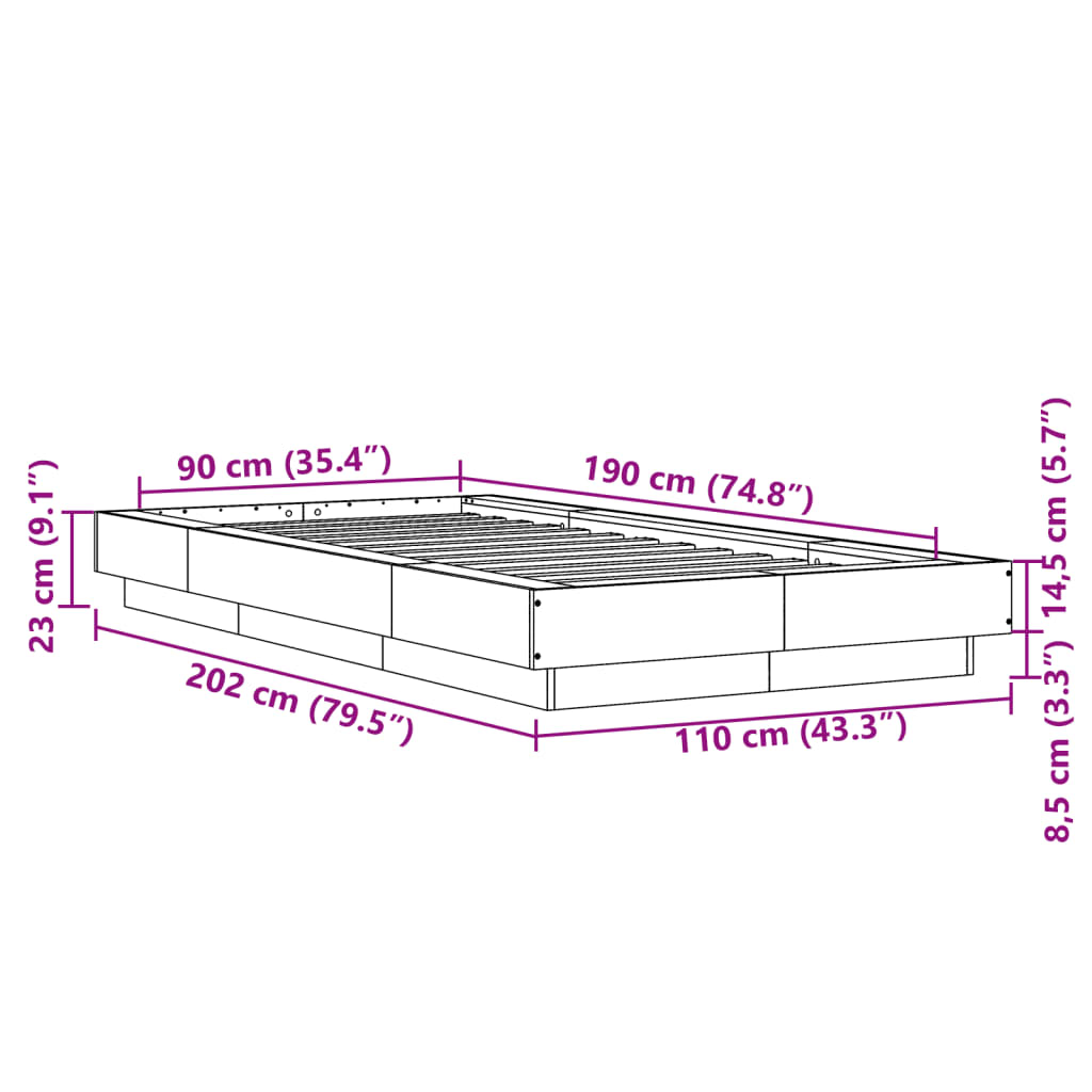 vidaXL Πλαίσιο Κρεβατιού Καφέ Δρυς 90 x 190 εκ. Επεξεργασμένο Ξύλο